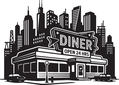 Black and white cityscape, urban diner sign, 24-hour restaurant vector, city skyline