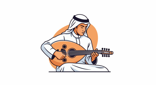 Person in traditional attire playing a stringed musical instrument