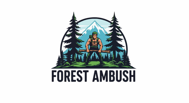Muscular hiker with backpack and logs in a forest with mountains behind