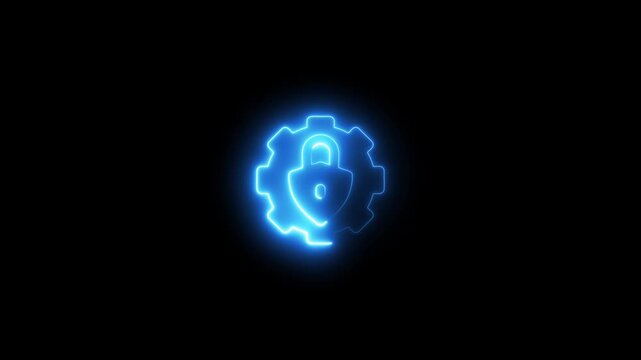 Neon glowing gear and padlock cybersecurity and data protection concept