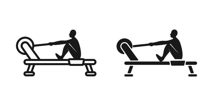 Rowing machine icon set. Icon set depicting a person using a rowing machine for exercise. Vector illustration on a white background.