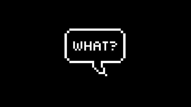 communication bubble animation, with text inside, question concept, pixel style, cartoon, comic, black background, 4k video