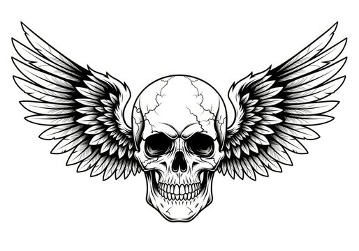 Human skull with outstretched eagle wings in engraving style.
