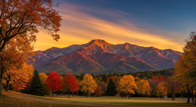 Vibrant autumn landscape with blue mountains under a glowing sunset sky.