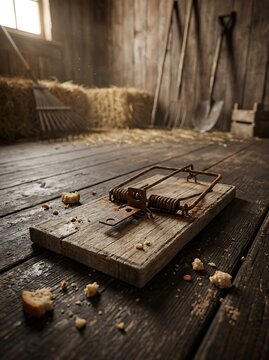 A rustic barn interior showcases a wooden mousetrap with a piece of bait, set on a weathered floor. Hay bales and farming tools like a broom and shovels are visible in the background.