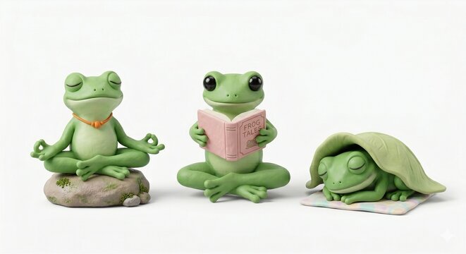 Cute 3D clay frog character set meditating reading book and sleeping illustration