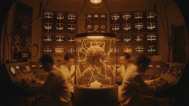 Scientists monitoring organic alien brain in liquid tank inside dark lab. Researchers conducting experiments with extraterrestrial life form. Science fiction mystery and paranormal study.