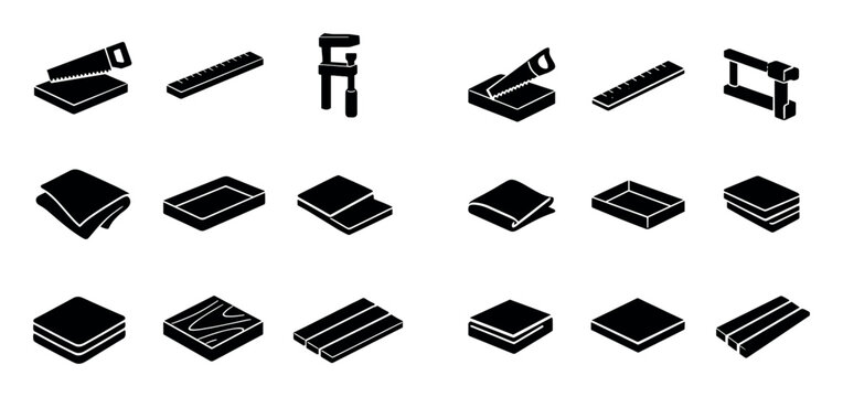 Carpentry and woodworking design icons with saw, ruler and clamps for print design in solid style