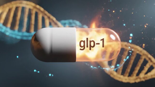 A science fiction rendering shows a pill with glp-1 text, surrounded by fire and cells