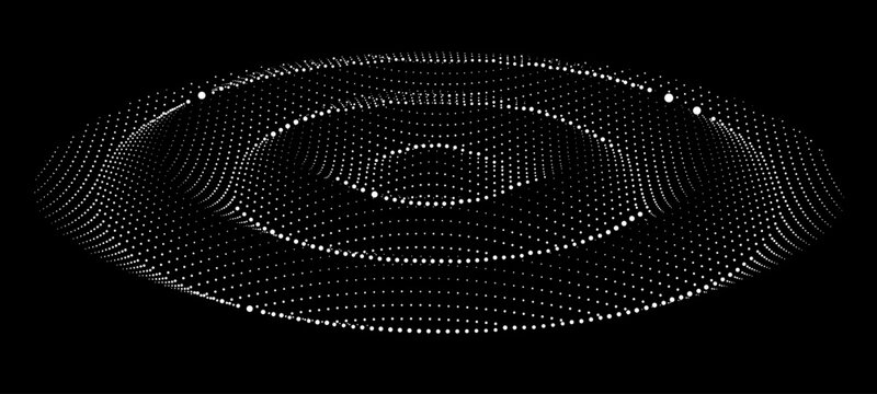 Futuristic dotted wave surface with concentric digital rings and abstract AI technology background on black