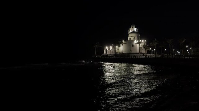 Al-Rahmah Floating Mosque at night on Jeddah Corniche, Saudi Arabia
