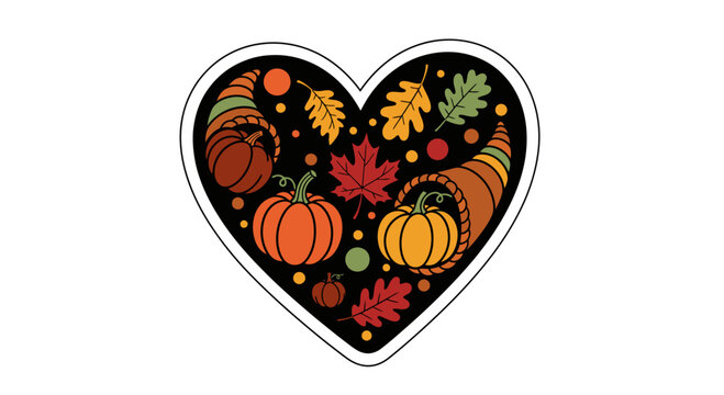 Heart shape illustration with autumn harvest symbols like pumpkins and cornucopias on black background