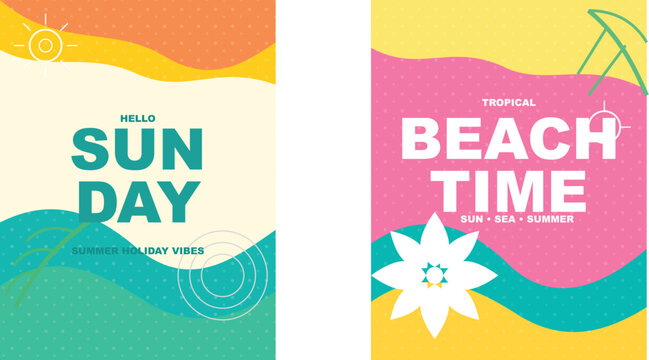 Tropical beach time vertical banner design with colorful abstract waves and floral elements for summer ads.