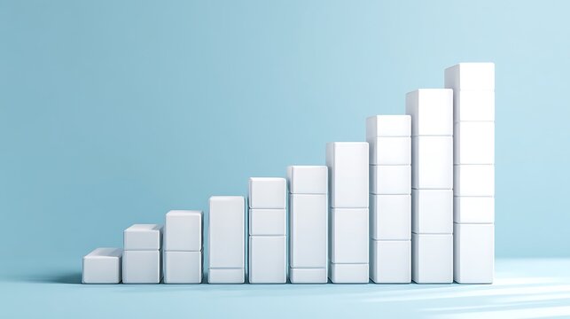 Abstract white cube graph ascending on a light blue background, representing growth
