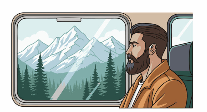 Man in train looks at snow-capped mountains and pine trees