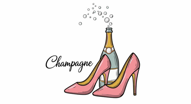 Pink high heels flank a champagne bottle with bubbly effervescence