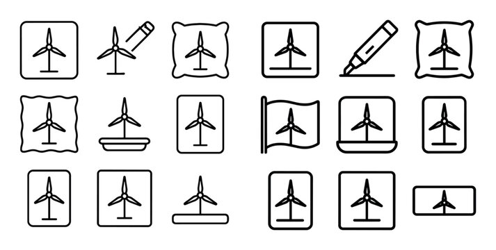 Renewable energy and sustainability vector icons with wind turbine, flag and laptop for web design in minimal outline style
