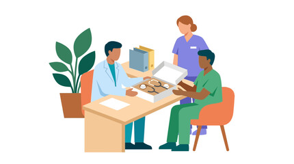 Fototapeta premium Medical professionals collaborating on ai healthcare in a bright flat vector office illustration.