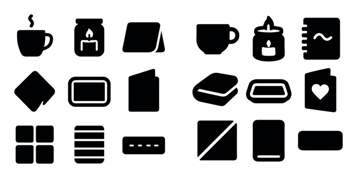 Lifestyle and relaxation design icons with coffee cup, candle, notebook, and greeting card for marketing design in solid style
