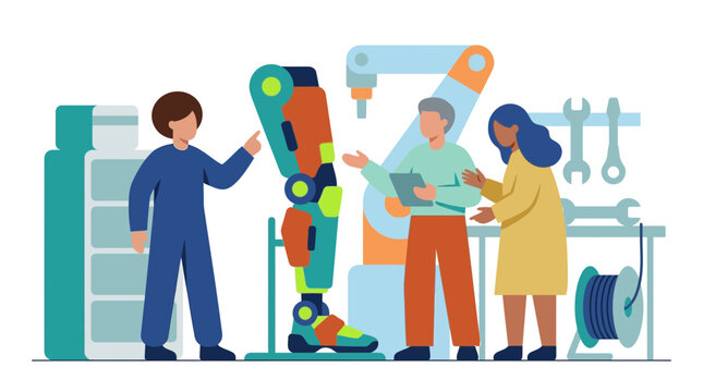 Diverse team collaborating on a robotic prosthetic leg in a flat vector lab for medical ai healthcare