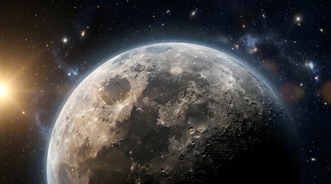 Cratered moon in space realistic planetary surface with stars