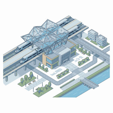 Modern train station with sleek high-speed trains and contemporary architecture.