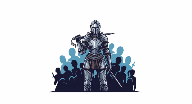 Pixelated warrior in silver armor stands before a crowd of silhouetted figures