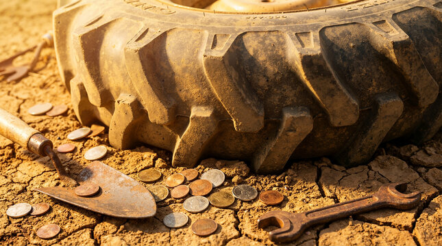 Close-up of worn tractor tire with rusty tools and coins on cracked earth, realistic photo, industrial farming theme