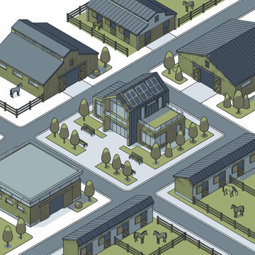 Isometric view of a modern sustainable farm with solar panels and horses in stables and pastures.