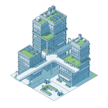 Isometric illustration of a modern city block with green roofs and solar panels, representing sustainable urban development.