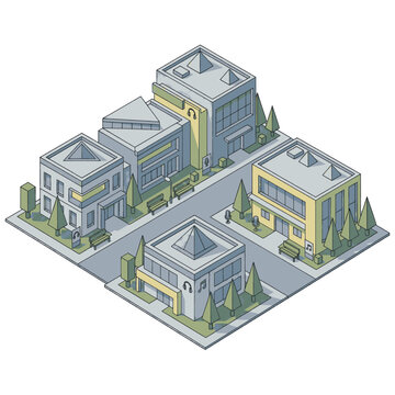 Isometric view of a modern city block with buildings, trees, and benches.
