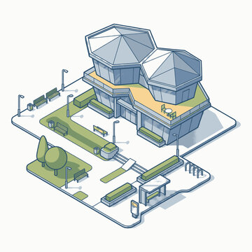 Modern isometric building with surrounding park and seating areas.