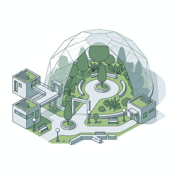Futuristic eco-friendly biodome complex with modern sustainable architecture and lush greenery.