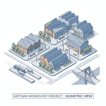 Isometric view of an artisan workshop project with industrial buildings and a bridge.