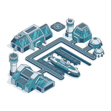 Futuristic isometric industrial complex with submarine and helipad.