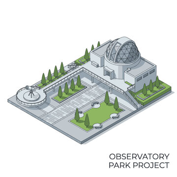 Isometric illustration of an observatory park project with a dome and telescope, showcasing scientific research and education.