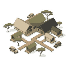 Isometric view of a safari lodge with wooden walkways and safari vehicles. © Maulana