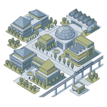Isometric illustration of a modern city district with various buildings, a monorail, and green spaces.