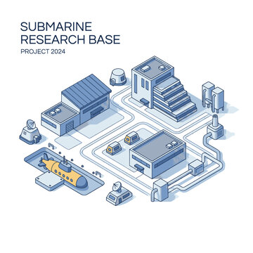 Isometric illustration of a futuristic submarine research base with a yellow submarine docked and various buildings.