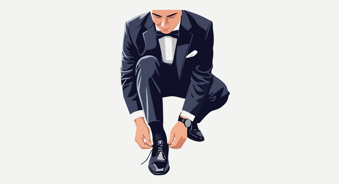 Man in a tuxedo crouches to tie his shoe