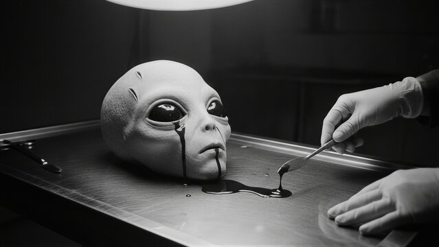 Scientist in lab examining alien head with dark liquid on autopsy table. Extraterrestrial investigation, paranormal research and sci-fi mystery. Concept of alien life study in clinic.
