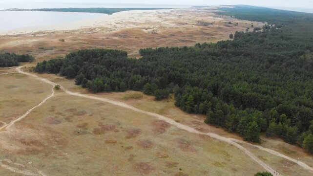 An aerial shot showcasing the stunning natural beauty of the Curonian Spit, a UNESCO World Heritage site in Lithuania. The footage captures the contrast between the vast sand dunes, the lush green pin
