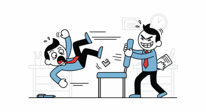 Office prankster pushes chair, sending colleague flying amidst papers and time pressure