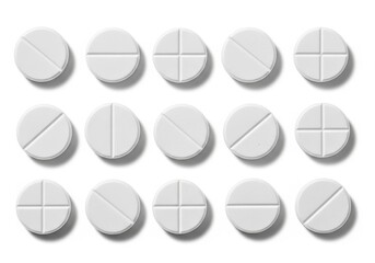 Fototapeta premium Fifteen white round pharmaceutical tablets with scored lines arranged in a grid pattern