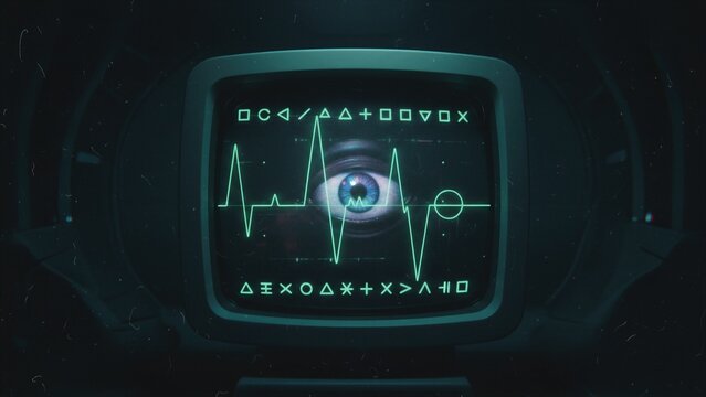 Human eye displayed on screen with strange symbols and EKG line. Alien contact and extraterrestrial research monitoring. Science fiction concept of surveillance or anomalous activity.