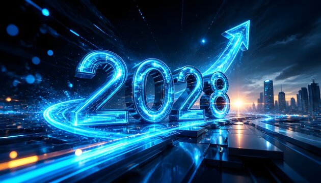 Glowing 2028 typography with upward arrow on futuristic cityscape background at night