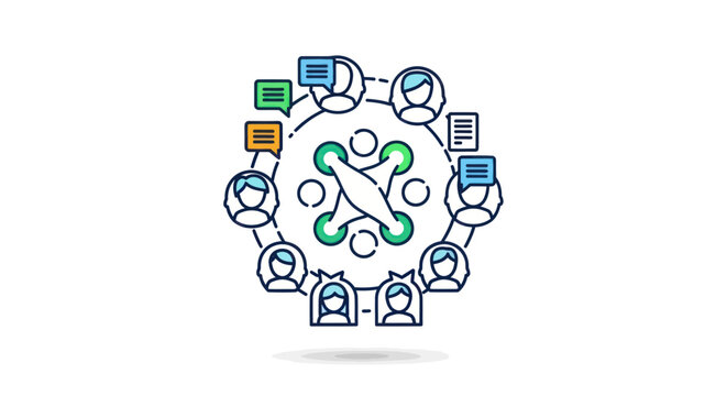 Team Collaboration Concept: People Connected in Circle with Central Idea Hub