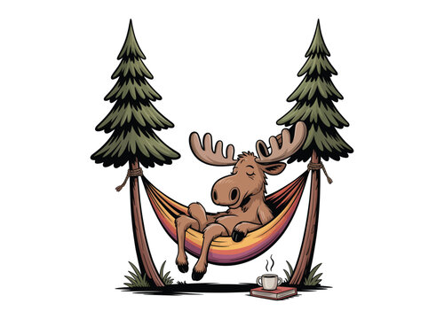 Cartoon moose relaxing in a hammock between pine trees on transparent background.