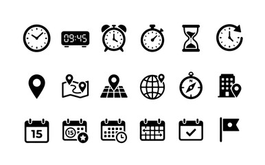 Fototapeta premium Time, map navigation, and calendar vector glyph icon set containing clock, alarm, stopwatch, hourglass, location pin, compass, building, date schedule, flag.
