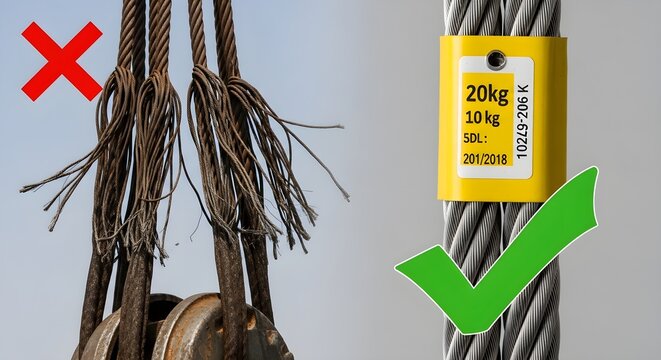 Industrial inspection comparison of damaged frayed steel cable vs safe wire rope with load capacity label tag.